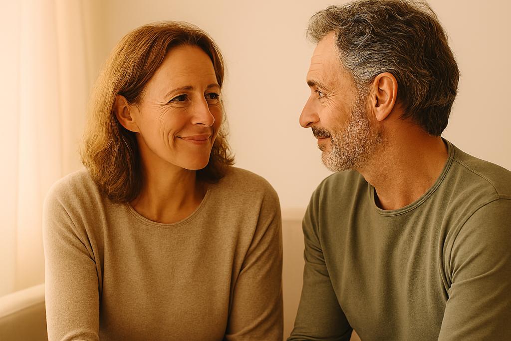 Ein Mann und eine Frau lächeln einaander an - als Bildnis für erfolgreiche psychologische Beratung bei Belastungen in der Partnerschaft