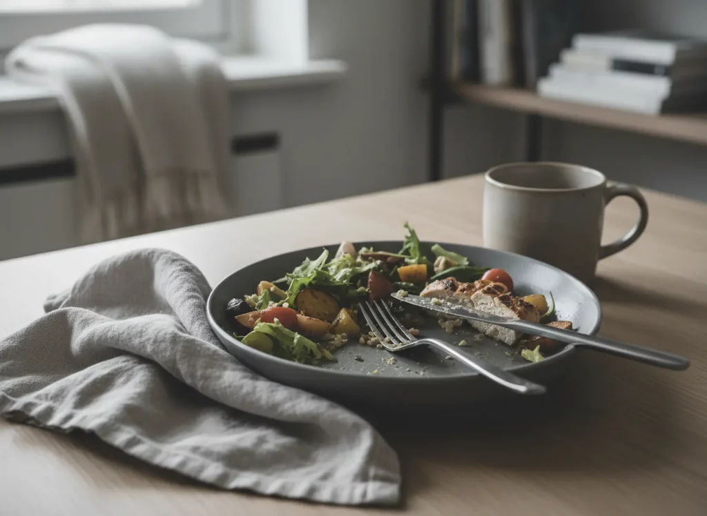 Halb gegessene Mahlzeit auf einem Tisch als Alltagsszene bei depressiver Verstimmung