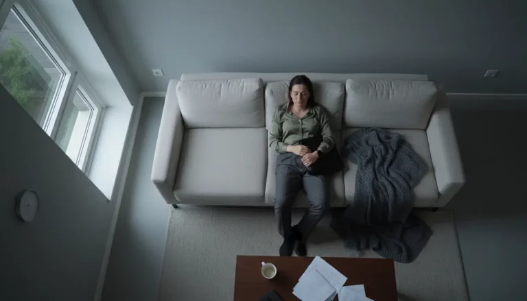 Erschöpfte Frau auf einem Sofa als Symbol für Burnout-Symptome und innere Überlastung
