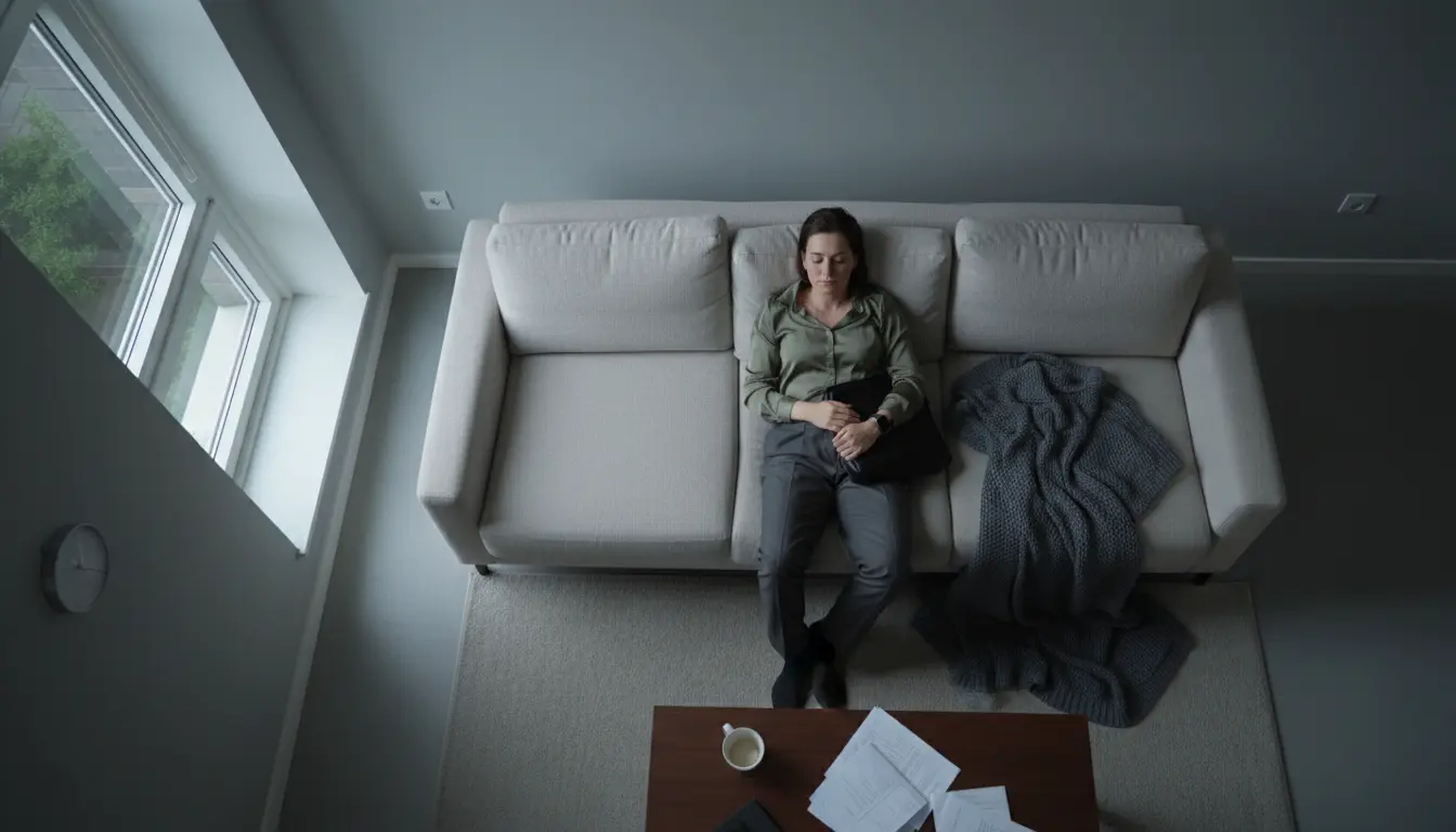 Erschöpfte Frau auf einem Sofa als Symbol für Burnout-Symptome und innere Überlastung