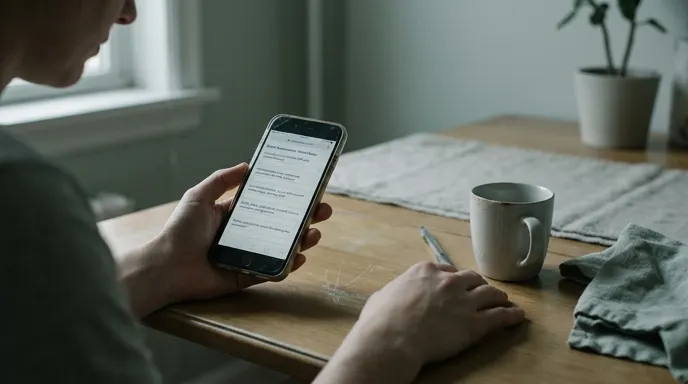 Person sucht am Smartphone nach einem Burnout Test und macht sich Notizen