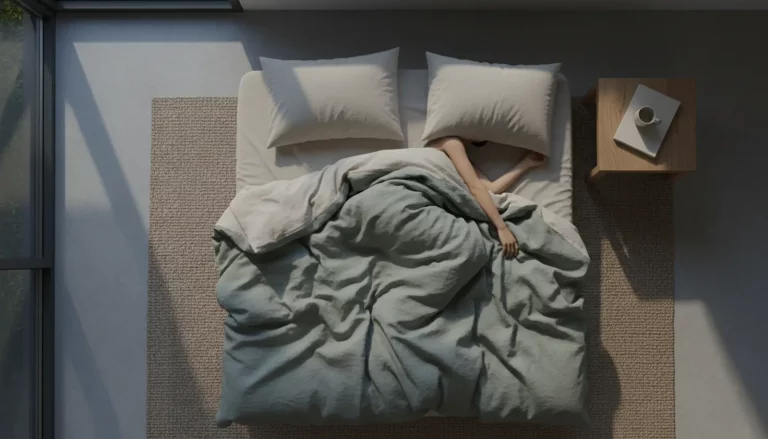 Person liegt erschöpft im Bett als Symbol für anhaltende Müdigkeit trotz Schlaf