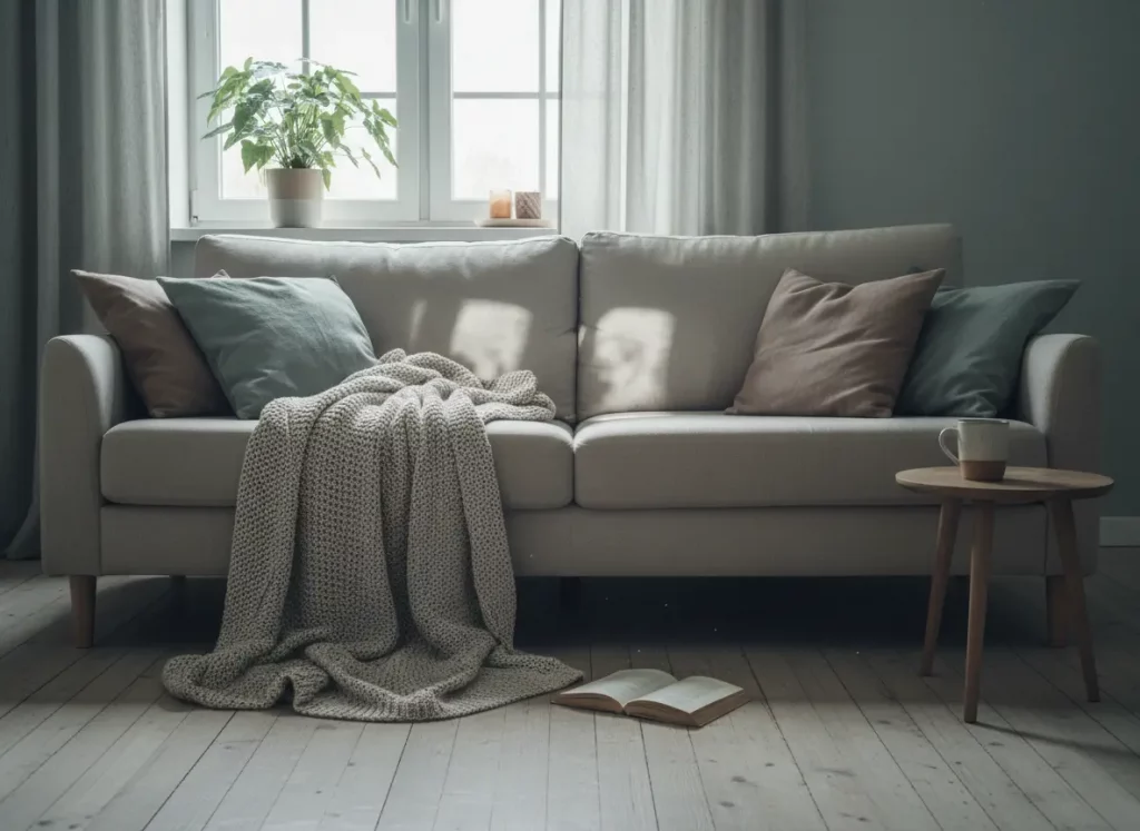 Leeres Sofa mit Decke als Symbol für Rückzug und fehlende Energie bei Erschöpfung