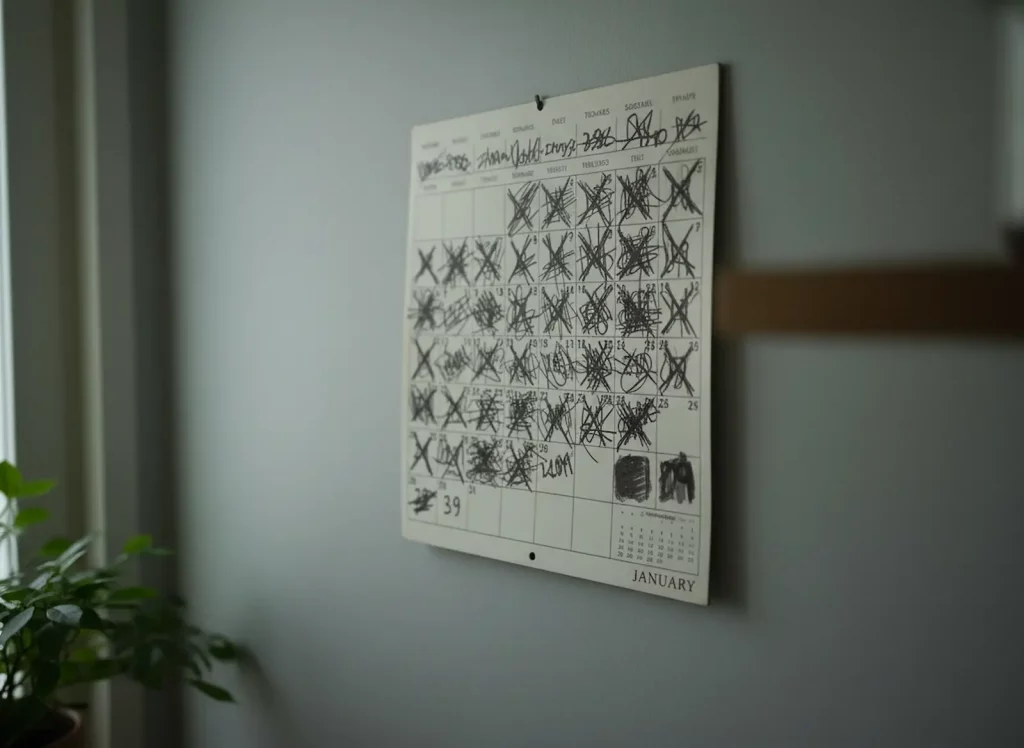 Durchgestrichener Kalender als Symbol für anhaltende Freudlosigkeit über mehrere Wochen
