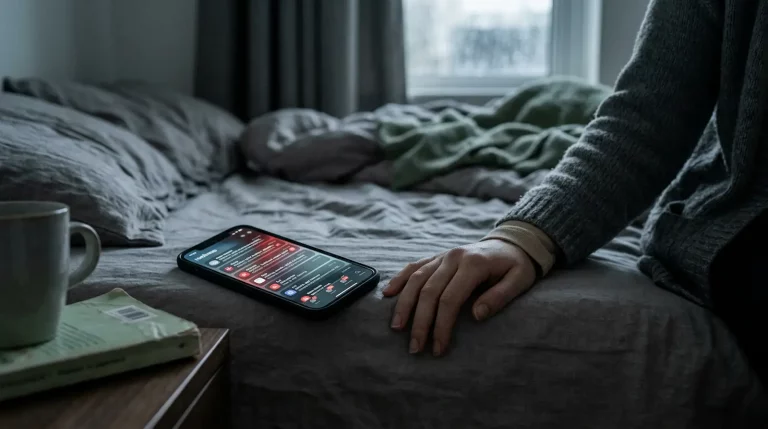 Smartphone im Bett als Symbol für Stress, Schlafmangel und depressive Verstimmung