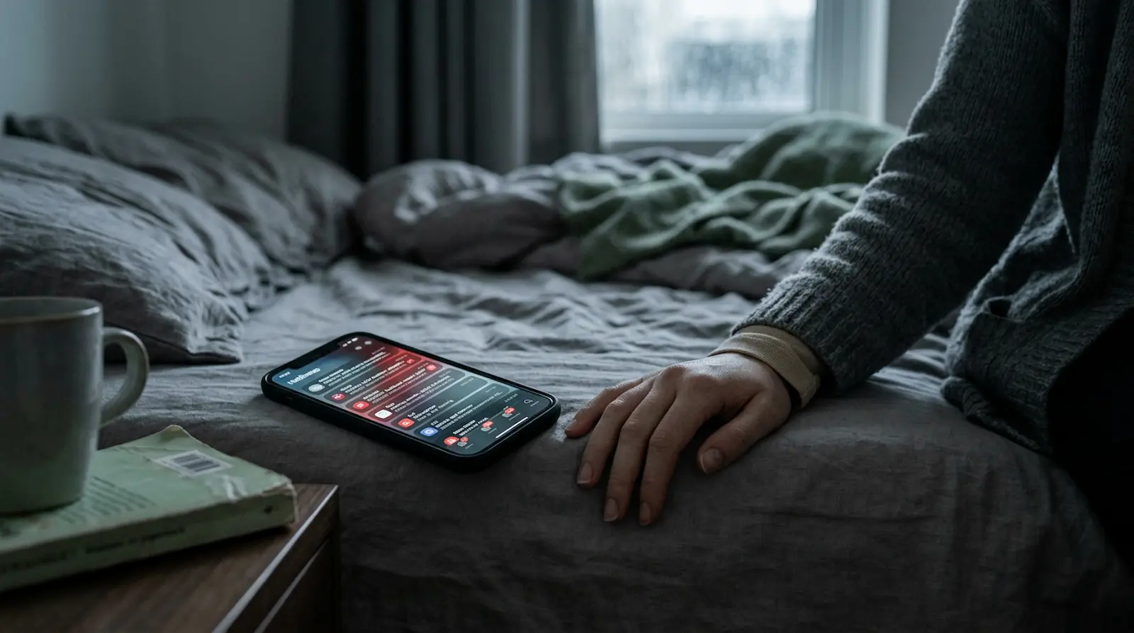 Smartphone im Bett als Symbol für Stress, Schlafmangel und depressive Verstimmung