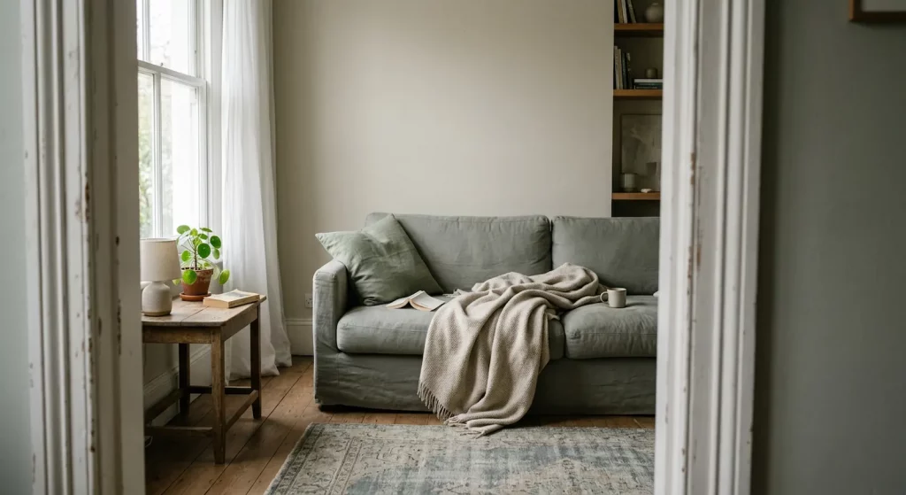 Ruhiges Wohnzimmer mit Sofa, Decke und Tageslicht als Symbol für Rückzug und innere Niedergeschlagenheit