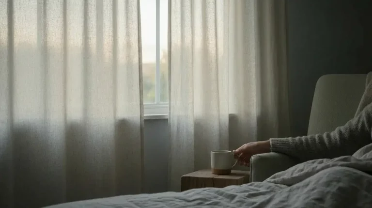 Tagsüber halb aufgezogene Gardine eine Person auf der Couch, die das Gefühl hat, Immer müde ohne Grund zu sein.