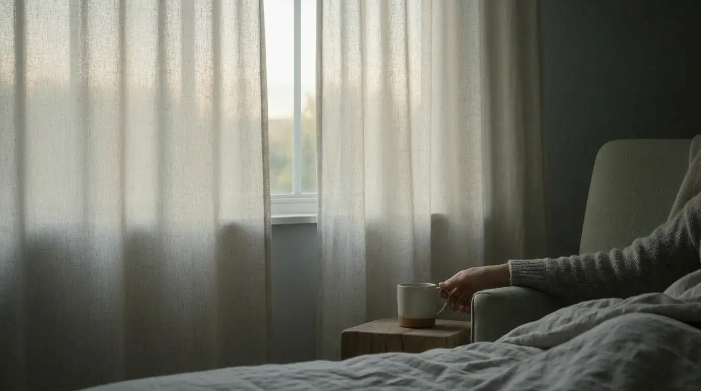 Tagsüber halb aufgezogene Gardine eine Person auf der Couch, die das Gefühl hat, Immer müde ohne Grund zu sein.