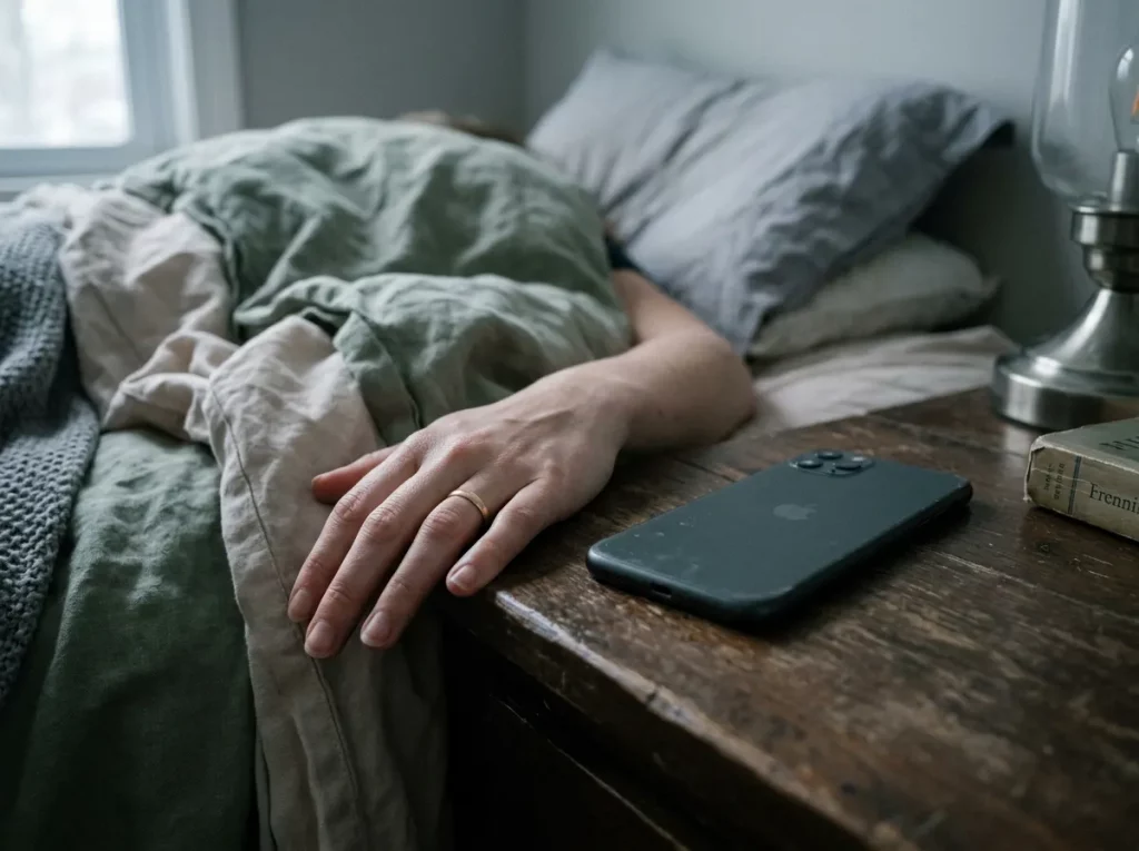 Person liegt erschöpft im Bett als Symbol für Müdigkeit trotz genug Schlaf