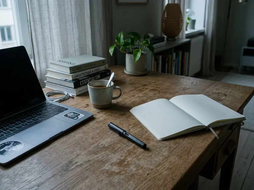 Schreibtisch mit Laptop und Notizbuch als Symbol für berufliche Überlastung bei Burnout