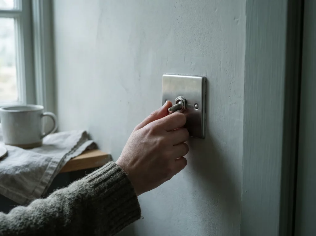 Hand am Lichtschalter als Symbol für Einordnung und Klarheit bei Burnout oder Depression