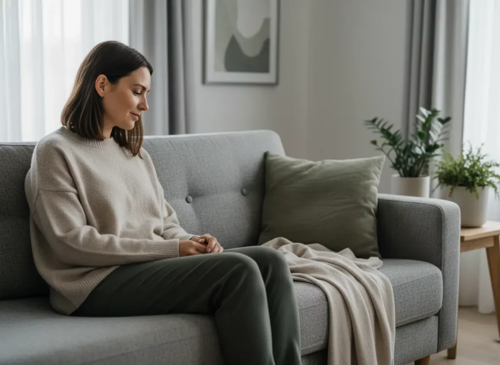 Person sitzt ruhig auf dem Sofa als Symbol für Angehörige, die jemandem mit Burnout helfen möchten