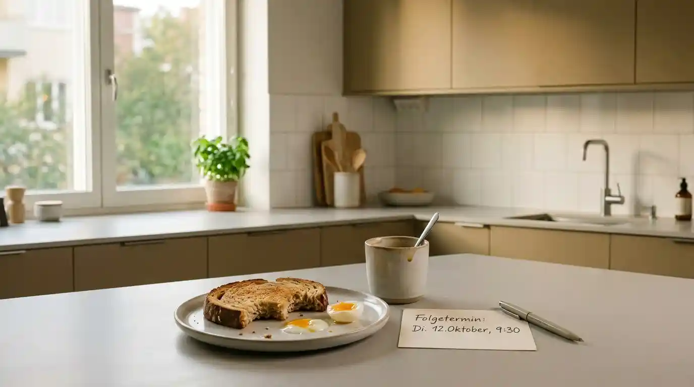 Eine Karte mit handschriftlich notiertem Folgetermin, wie sie im Übergang nach Klinik oder Reha bei jedermensch liegen könnte,  liegt auf dem Frühstückstisch neben einem angefangenen Frühstück, ohne dass eines das andere verdrängt.