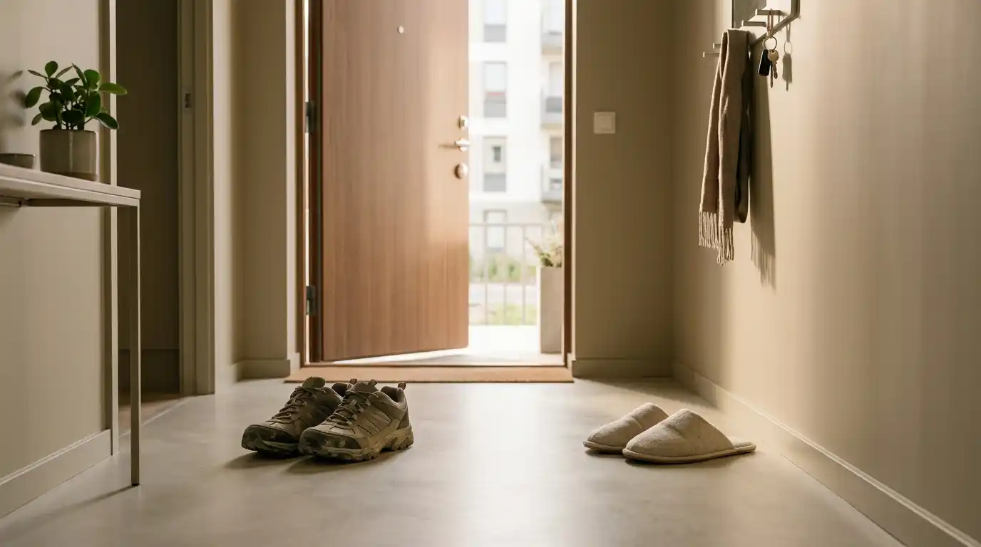 Ein Paar Straßenschuhe und ein Paar Hausschuhe stehen ordentlich nebeneinander an der Wohnungstür, jedes Paar bleibt in seinem eigenen klar abgegrenzten Bereich