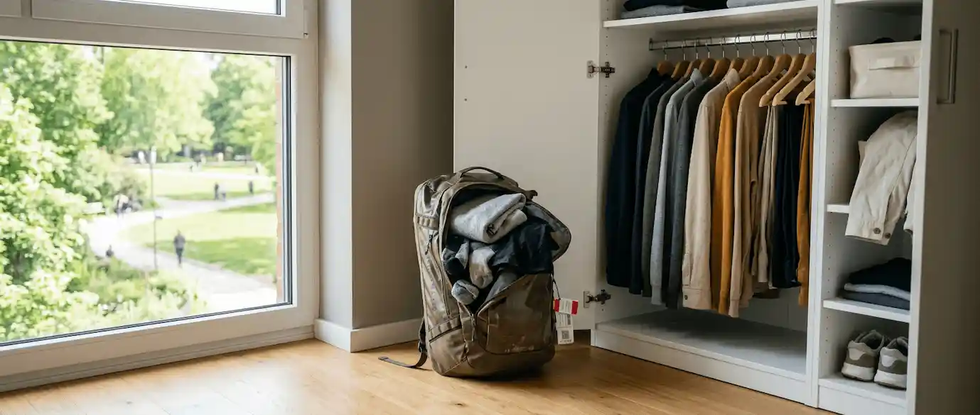 Eine halb ausgepackte Reisetasche wie Übergang nach Klinik oder Reha steht vor einem offenen Kleiderschrank mit ordentlich aufgehängter Alltagskleidung — als wäre die Rückkehr noch nicht ganz abgeschlossen.