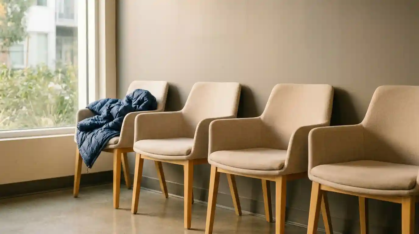 Blick auf eine Sitzreihe im Wartezimmer mit herunterfallender Jacke- Wartezeiten überbrücken kann sich schwer anfühlen