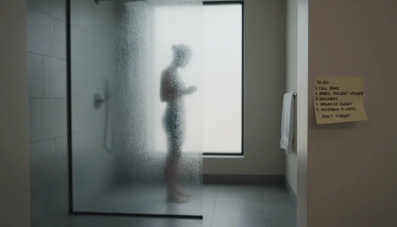 Person unter der Dusche mit To-do-Zettel als Symbol dafür, nach der Arbeit nicht abschalten zu können