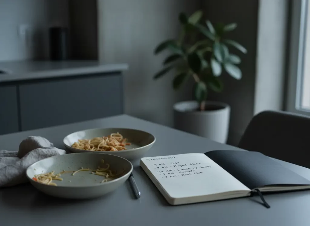 Notizbuch mit Aufgaben neben Essen als Symbol für Gedankenkreisen nach Feierabend
