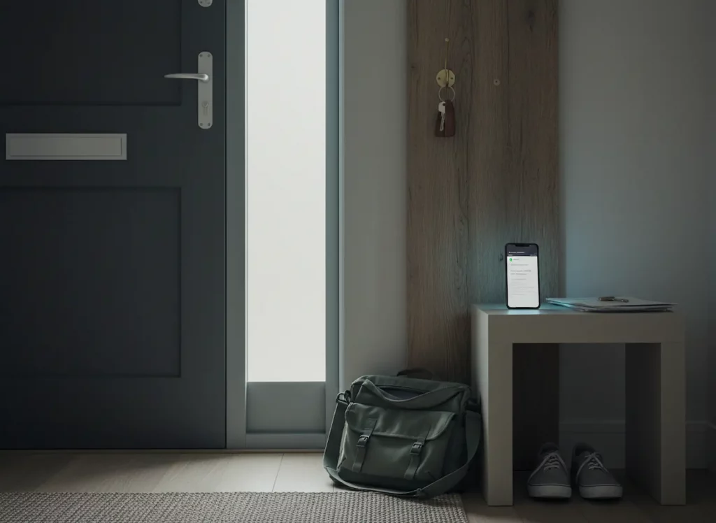 Tasche und Smartphone an der Tür als Symbol für Abgrenzung nach der Arbeit