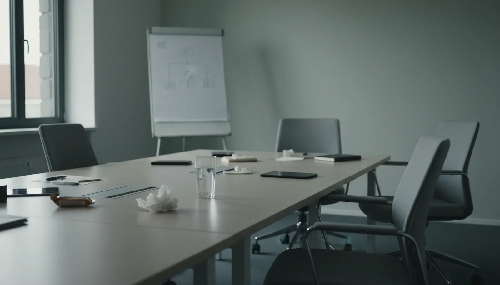 Leerer Meetingraum als Symbol für belastende Konflikte im Job