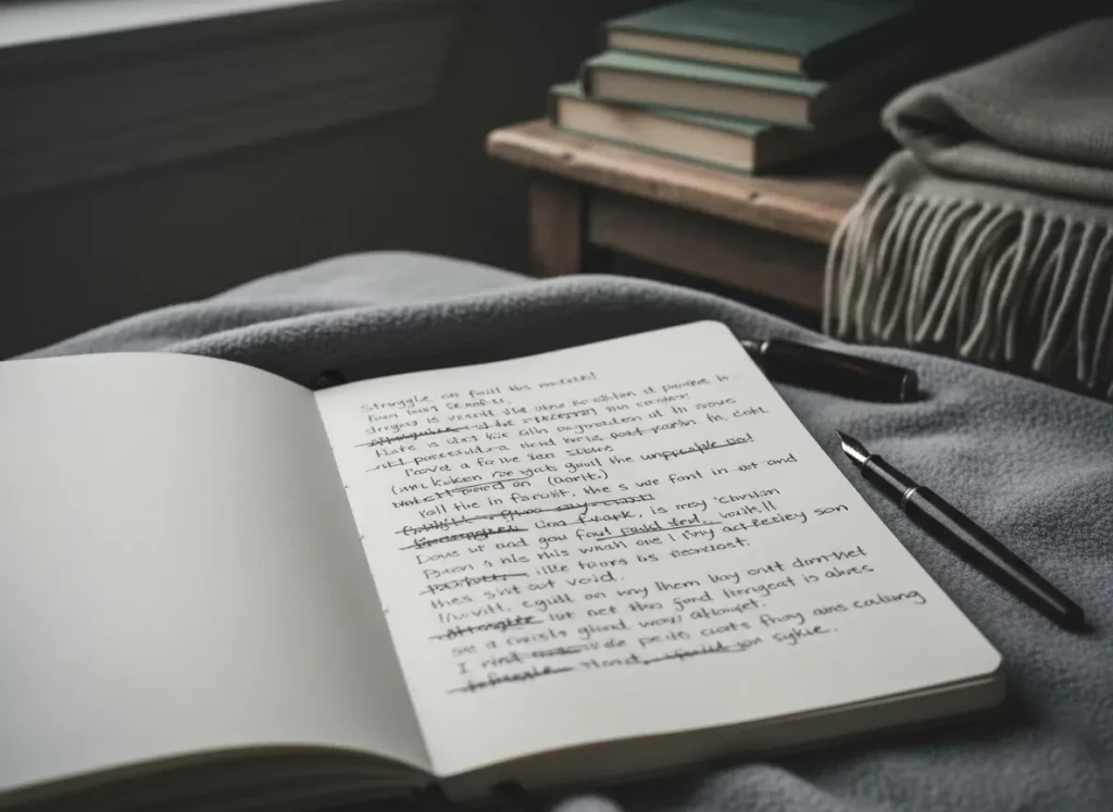 Notizbuch mit durchgestrichenen Gedanken als Symbol für Grübeln über Konflikte im Job