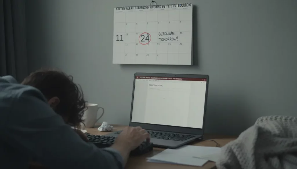 Person erschöpft vor Laptop und Deadline als Symbol für verfestigte innere Kündigung