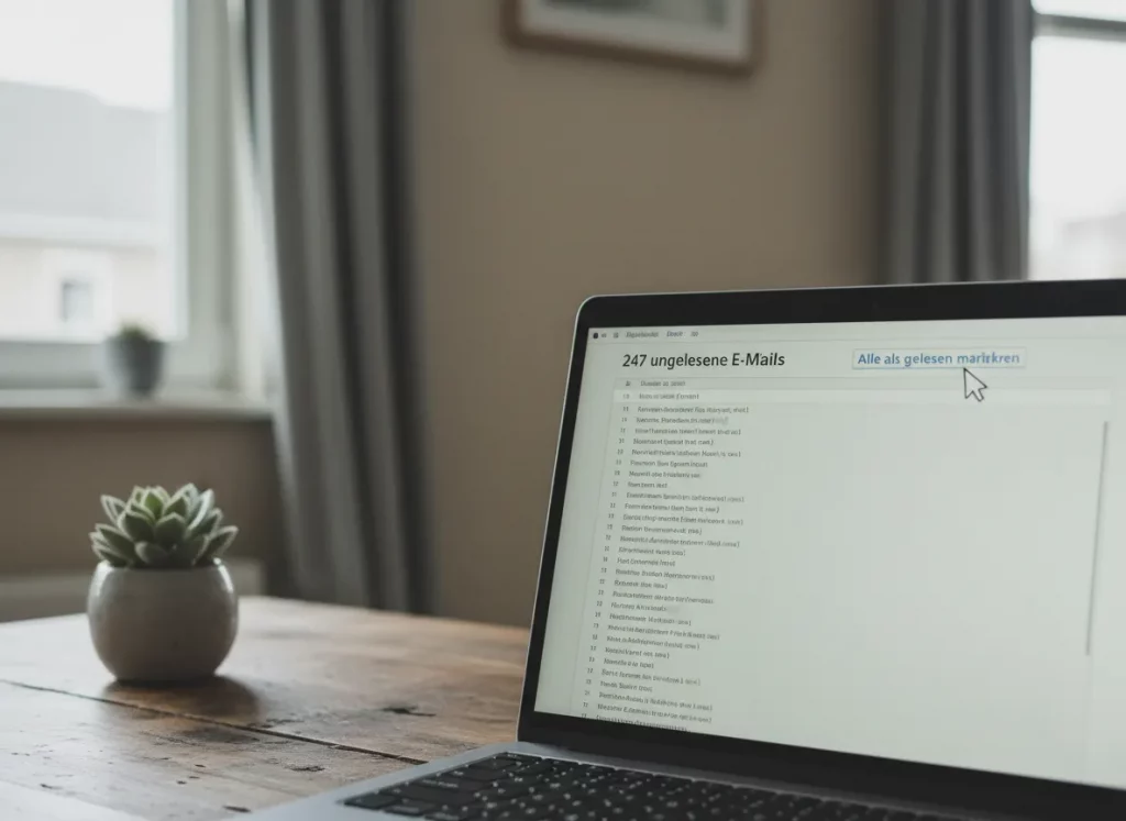 Laptop mit vielen ungelesenen E-Mails als Symbol für Überforderung im Job