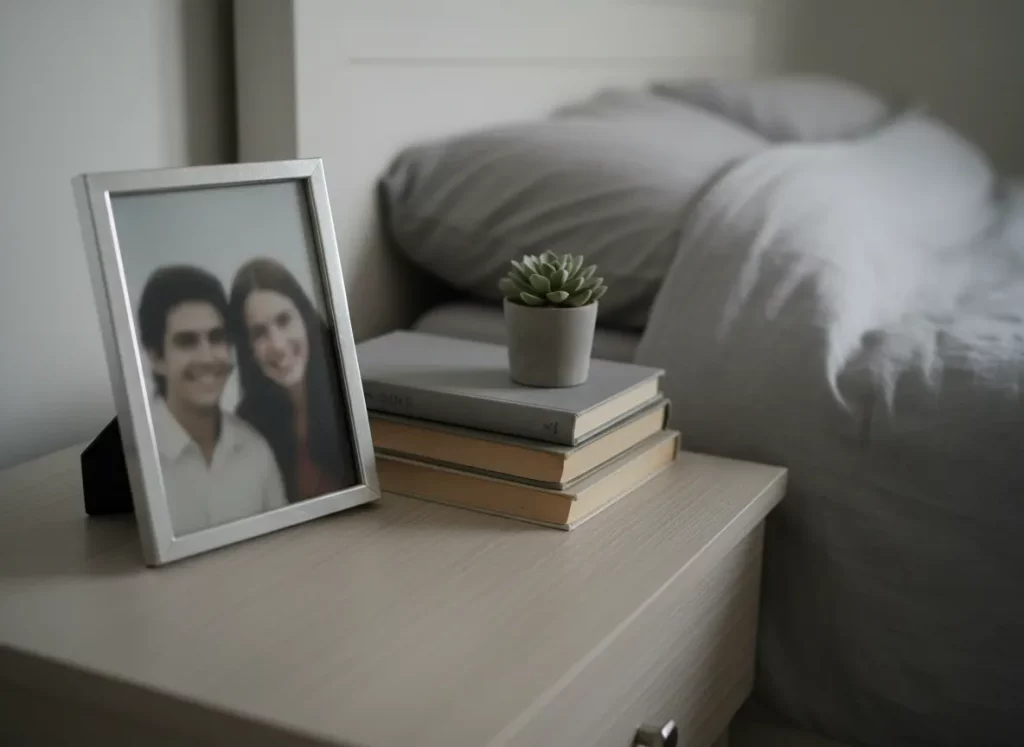 Partner zieht sich zurück – Paar-Foto auf dem Nachttisch, Bett im Hintergrund, stille Distanz im Raum