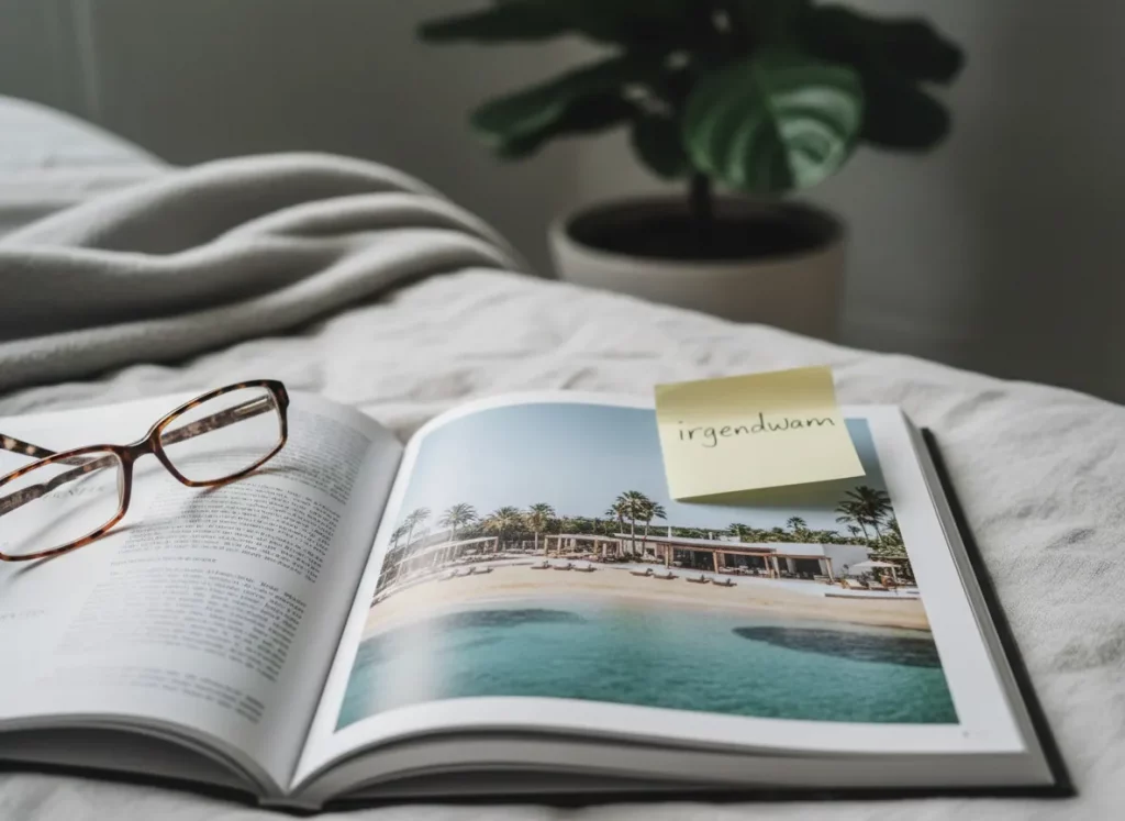 Beziehungsprobleme durch Stress – Reisemagazin mit Post-it „irgendwann", gemeinsame Pläne die warten ohne umgesetzt zu werden