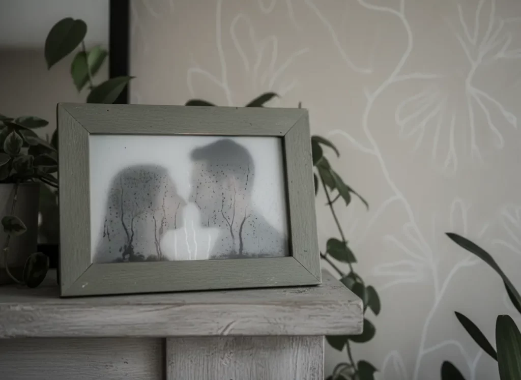 Beziehungsprobleme durch Stress – gerahmtes Bild mit zwei unscharfen Silhouetten, die Verbindung erkennbar aber nicht klar
