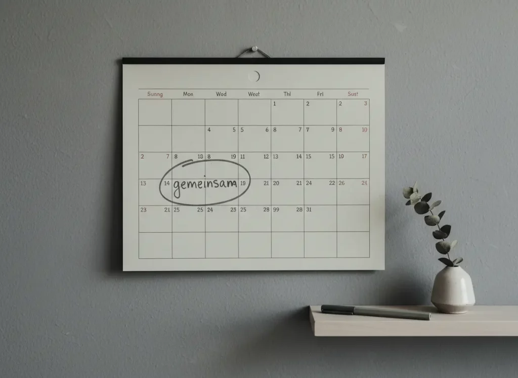 Partner niedergeschlagen – Wandkalender mit eingekreistem „gemeinsam", Stift und Vase darunter, der Rest des Kalenders leer