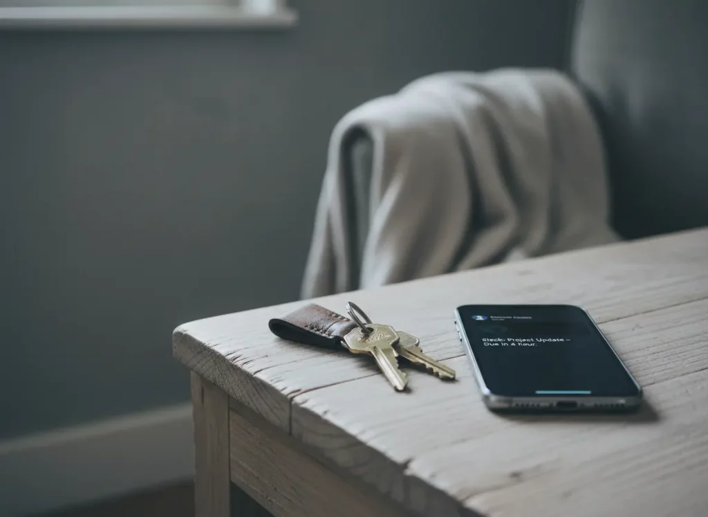 Arbeitsstress in der Beziehung – Schlüssel und Telefon mit Slack-Benachrichtigung auf dem Tisch, Jacke auf dem Stuhl dahinter