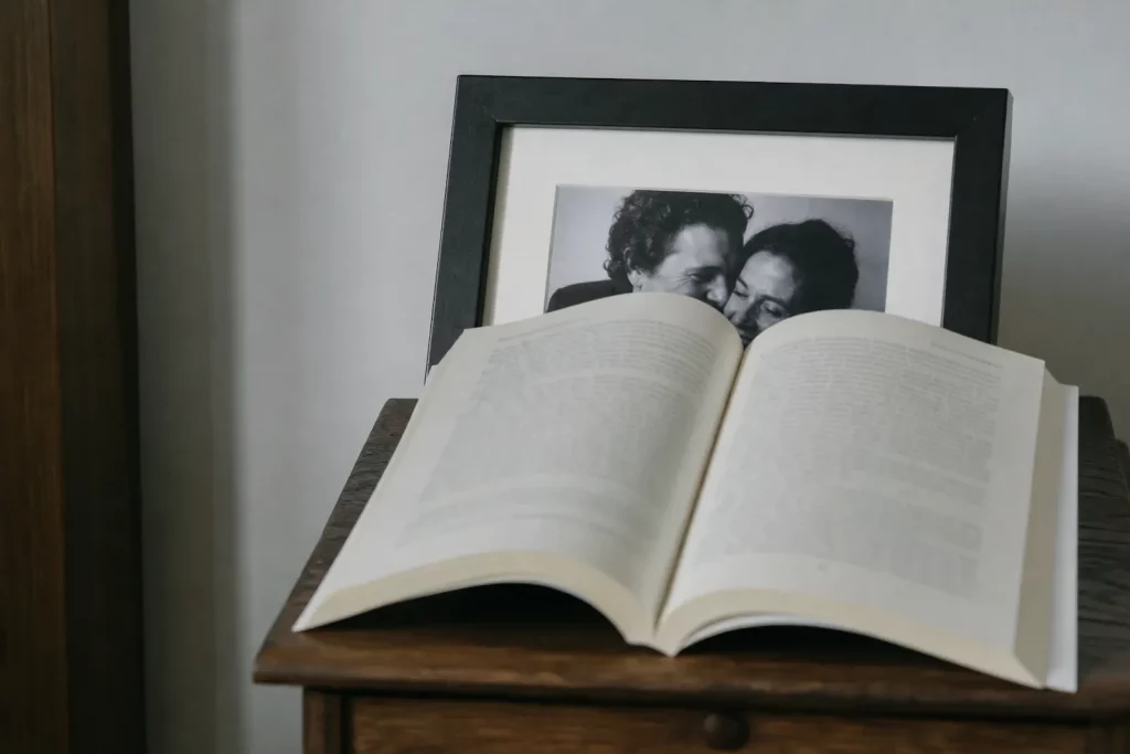 Keine Energie für Nähe – aufgeschlagenes Buch vor einem Schwarz-Weiß-Foto eines Paares in enger Umarmung
