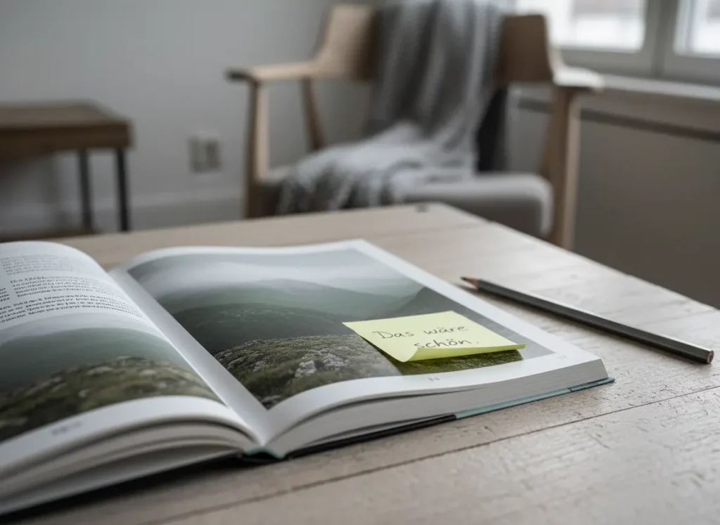 Keine Energie für Nähe – Reisebuch mit Post-it „Das wäre schön", leerer Sessel im Hintergrund