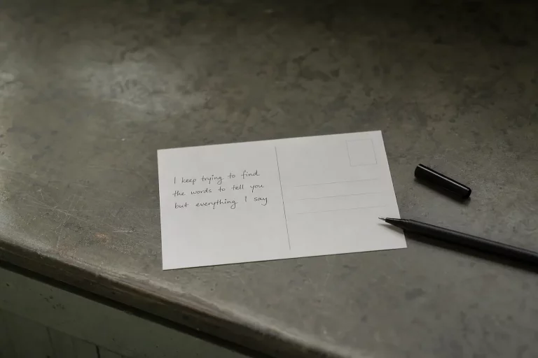 Belastung in der Partnerschaft ansprechen – Postkarte mit angefangenem Satz „I keep trying to find the words", Stift daneben