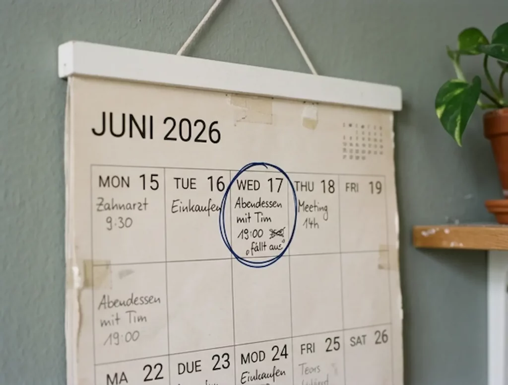 Streit wegen Stress – Kalender mit zweimal eingetragenem Abendessen, beide Male abgesagt und durchgestrichen