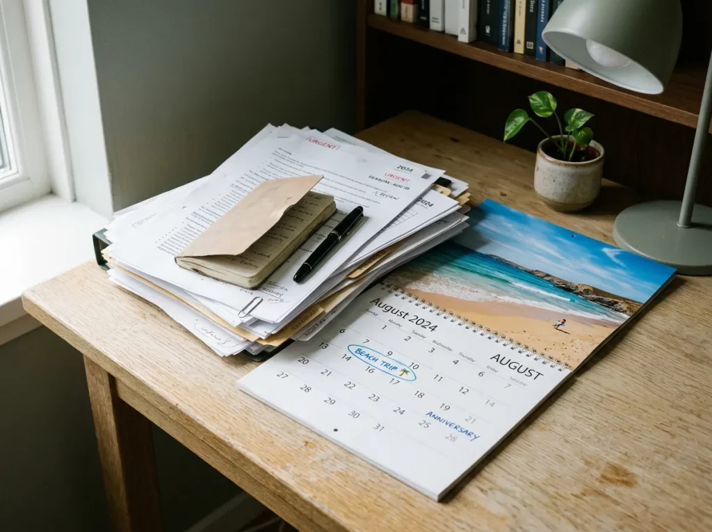 Belastung in der Partnerschaft – Schreibtisch mit Kalender und Dokumentenstapel, ein gemeinsamer Termin unter Arbeitspapieren begraben